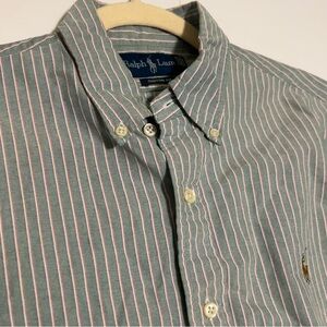 Ralph Lauren Button Down Shirt Mens Medium Green Striped Custom Fit Flesh Pony